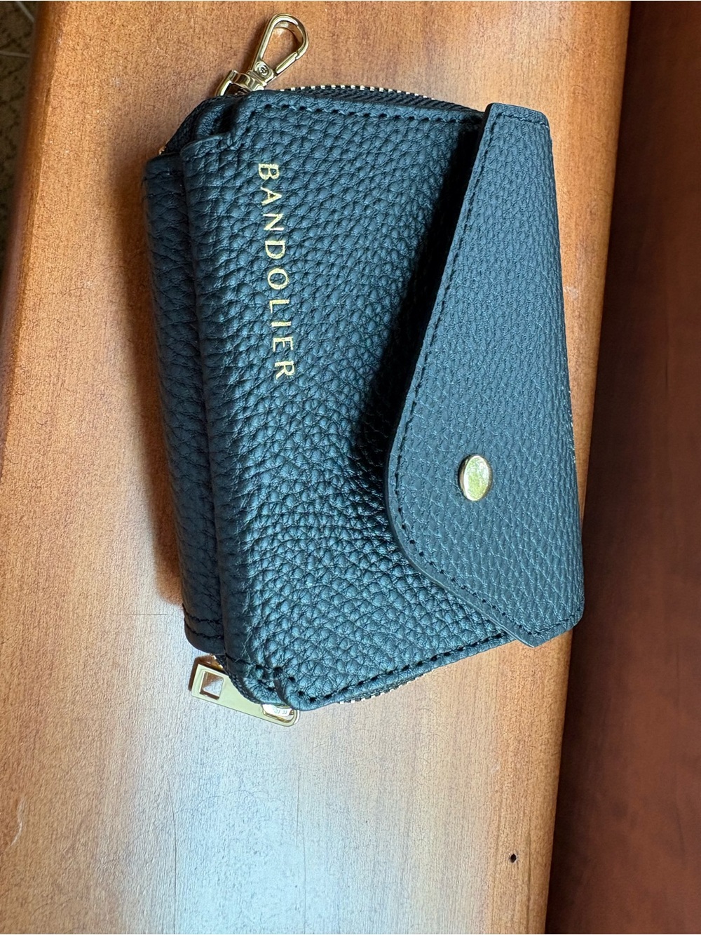 Bandolier Black Pebbled Leather Card & Key Holder with Gold Hardware